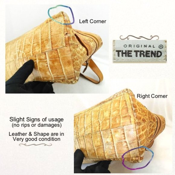 THE TREND Genuine Leather Croc Embossed Carryall Bag Mustard Silver Zip Pockets - Picture 13 of 14